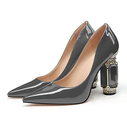 Image of JANSEVEN Women Chunky Heels Pumps Crystal Block Heels with Rhinestones Pointed Toe Sexy Gradient Patent Leather Slip on Bridal Party Wedding Dress Shoes 5-13 M US