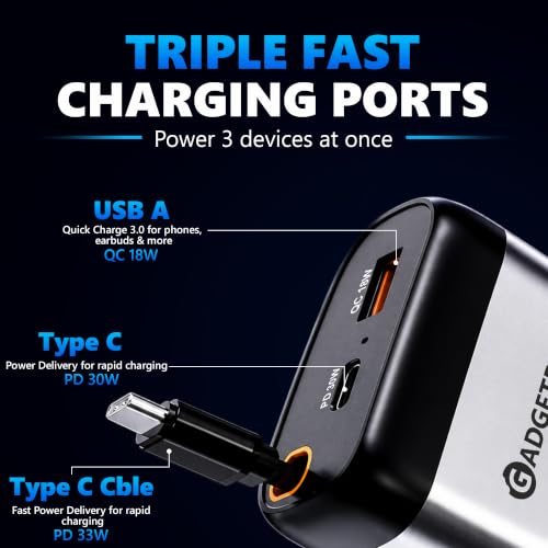 Image of GadgetBite EON 84W Fast Car Charger with Dual Type-C PD 30W & 33W, USB-A 18W Output, Multi-Port Charger with Built-in Cable 0.85m, Universal Compatibility for Smartphones, Tablets & iOS (Grey)