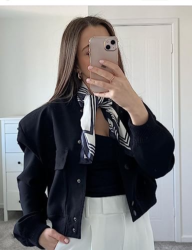 Womens Cropped Bomber Jacket Button Down Varsity Jackets Shackets with Pockets3