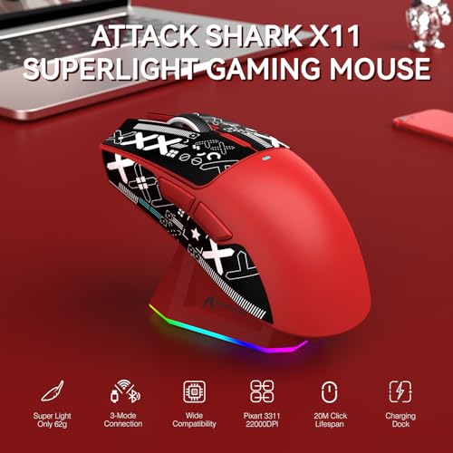 Image of ATTACK SHARK X11 Wireless Gaming Mouse, PAW3311 Sensor, Lightweight, RGB Charging Dock, 22,000 DPI, Tri-Mode Connectivity, 5 Programmable Buttons, Grip Tape Included - Red