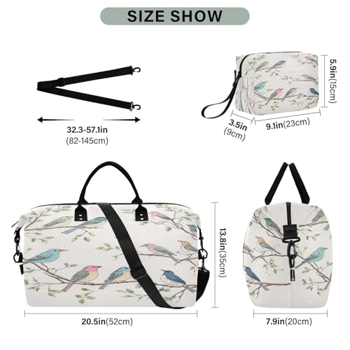 Vintage Bird Travel Duffel Bag Large Capacity Weekender Bag with Toiletry Bag Detachable Shoulder Strap Travel Tote Bag for Women3