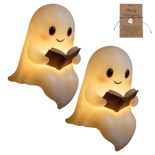 Piccola Lampada Fantasma con Libro, Lampada da Lettura Fantasma, Luce Notturna a Led 3d, Decorazione di Halloween per Mensola da Camera da Letto, Caminetto, Graziosa Statuetta(2*Small)