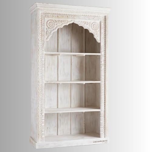 Image of Solid Wooden Book Shelf | Handcrafted Carved Display Unit Book Stand, Antique Wooden Book Shelves for Living Room, Office & Bedroom, Solid Wood Bookcase, Rustic Bookshelf, White Distress