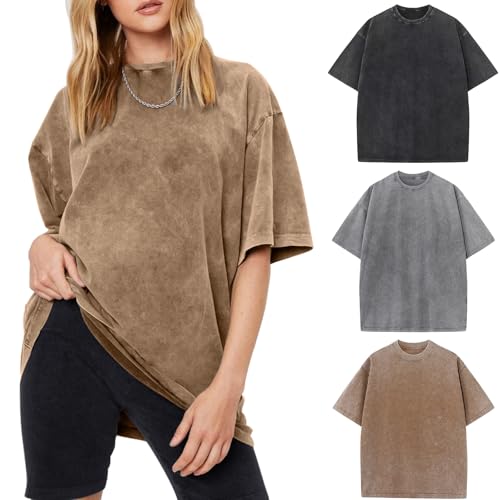 Arssm Women Oversized T Shirts Acid Washed Cotton Tees Vintage Baggy Loose Fit Streetwear Workout Tops