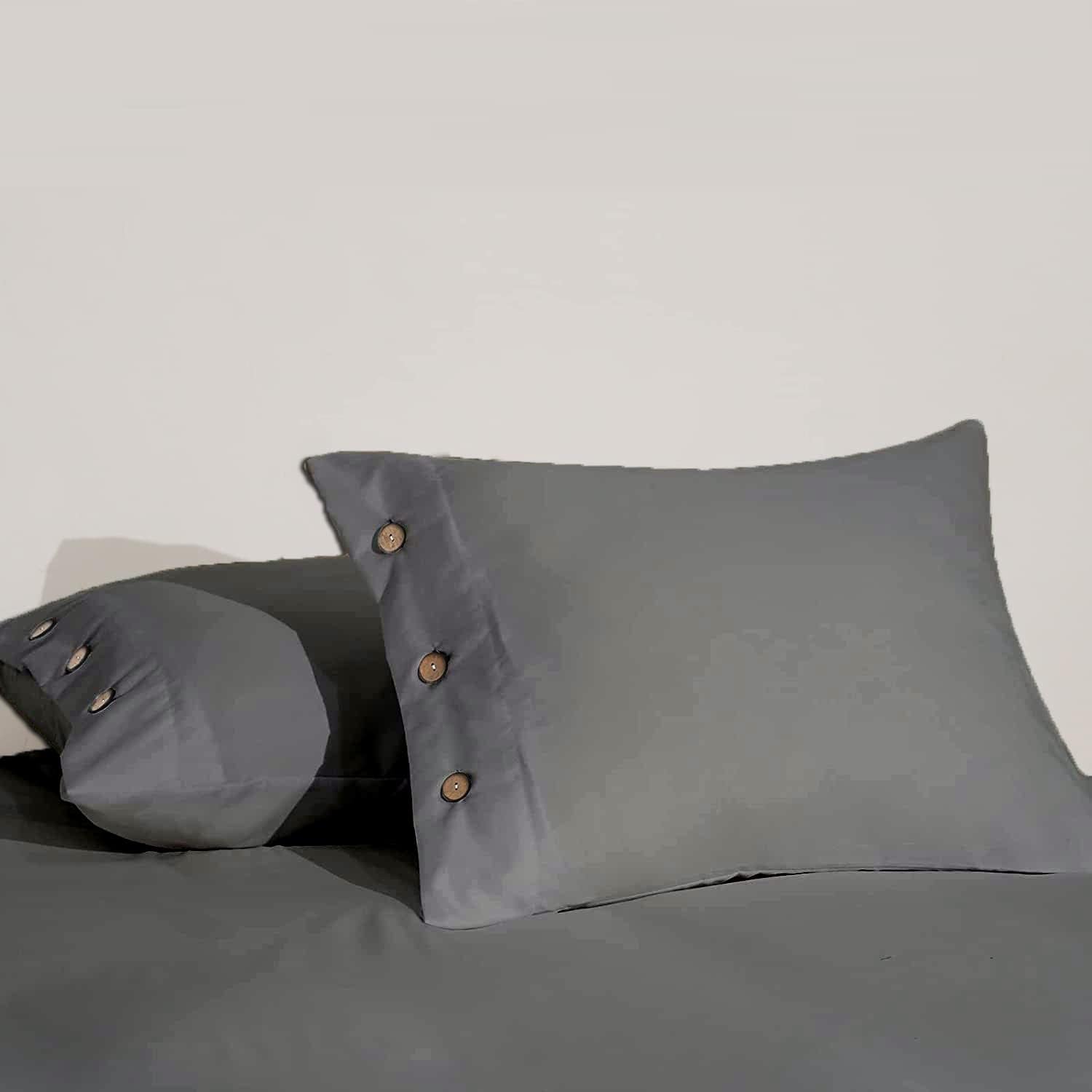 eBeddy Linens King Pillowcase Set of 2, Dark Grey Solid 100% Cotton Pillow Shams 20x36 Inch with Decorative Button Closure Luxury Soft and Breathable Bed Pillow Covers with Envelope Closure