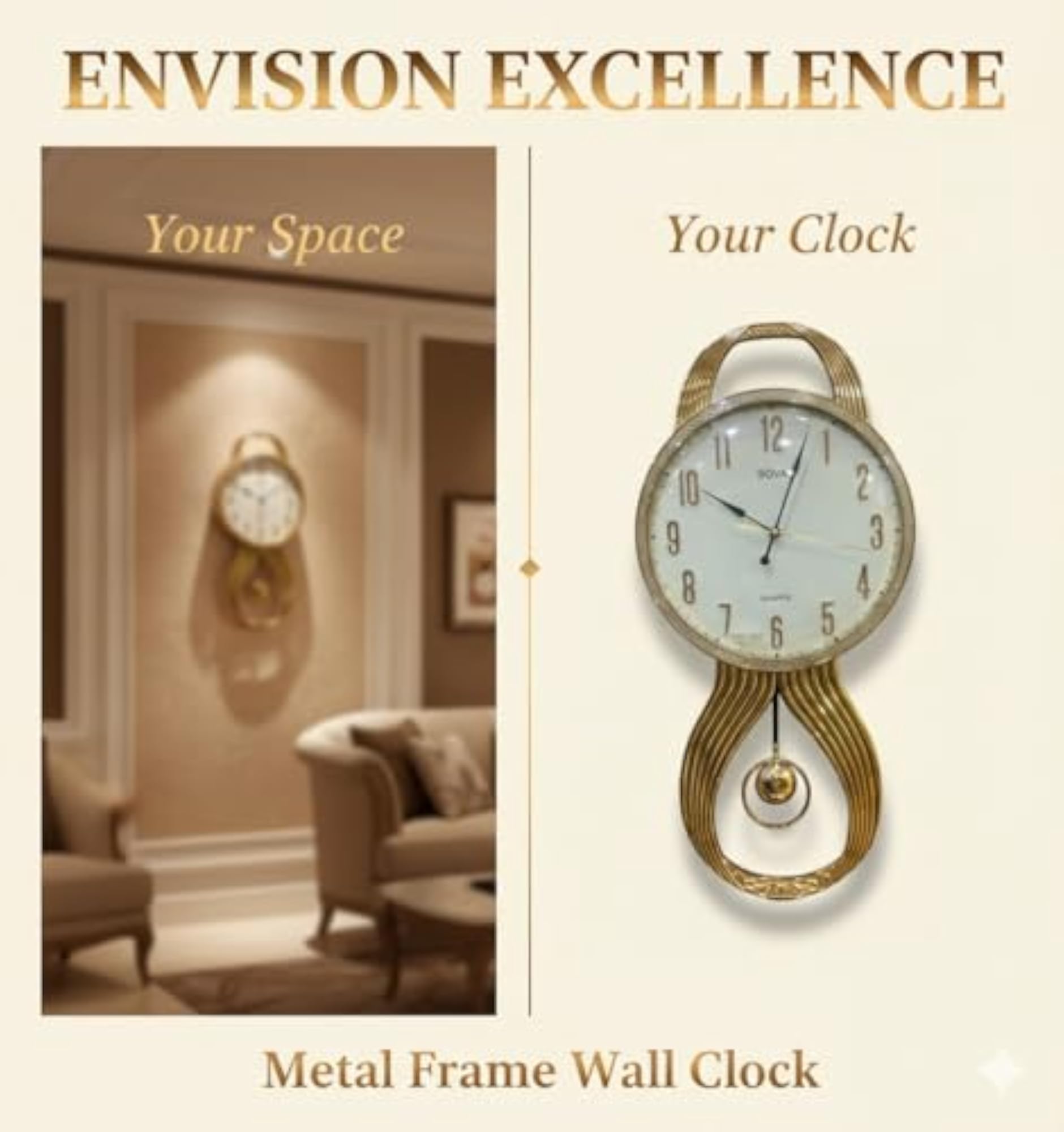 Stylish Pendulum Wall Clock, 26x13 Inch, Gold Frame