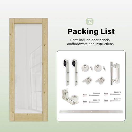 Image of 32 inch x 80 inch 3-Lites Solid Core MDF Panel Barn Door with Trimmable 72 inch Track Kit, Paintable Sliding Barn Doors for Closet Kitchen Bedroom Excellent Sound & Thermal Insulation, Nickel-Plated Hardware Kit
