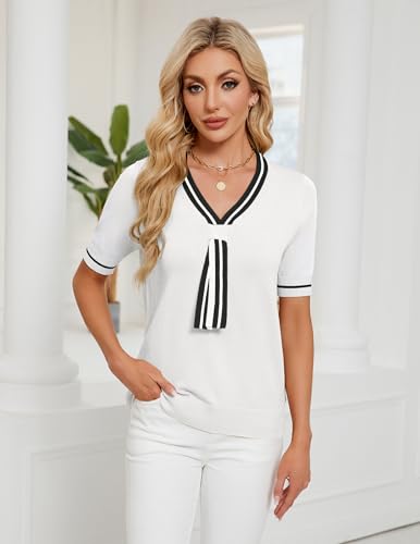 Image of Libsorge Womens Lightweight Cute Bow Tie Sweater Spring 2026 Business Casual Outfits V Neck Short Sleeve Tops