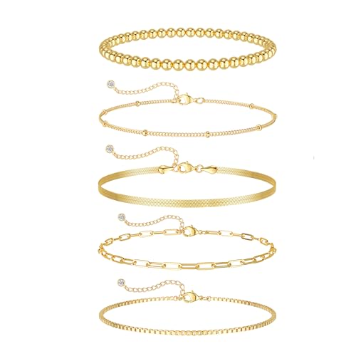 Image of DEARMAY Gold Bracelets for Women Waterproof Stackable Dainty 14K Gold Plated Rope Cuban Snake Paperclip Figaro Link Chain Pack Bracelet Adjustable Non Tarnish Fashion Accessories Jewelry Sets Gifts for Womens Mom