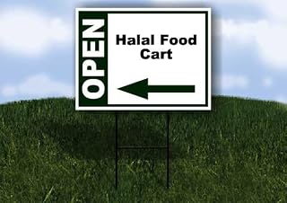Halal Food Cart Open Left Arrow Green Single Sided 18x24 in Yard Road Sign w/Stand