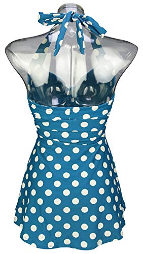 Cocoship Ibiza Blue & White Big Polka Dot Retro Sailor Pin Up Swimsuit One Piece Skirtini Cover Up Cruise Swimdress Beachwear Xl(Us12) #TOP2