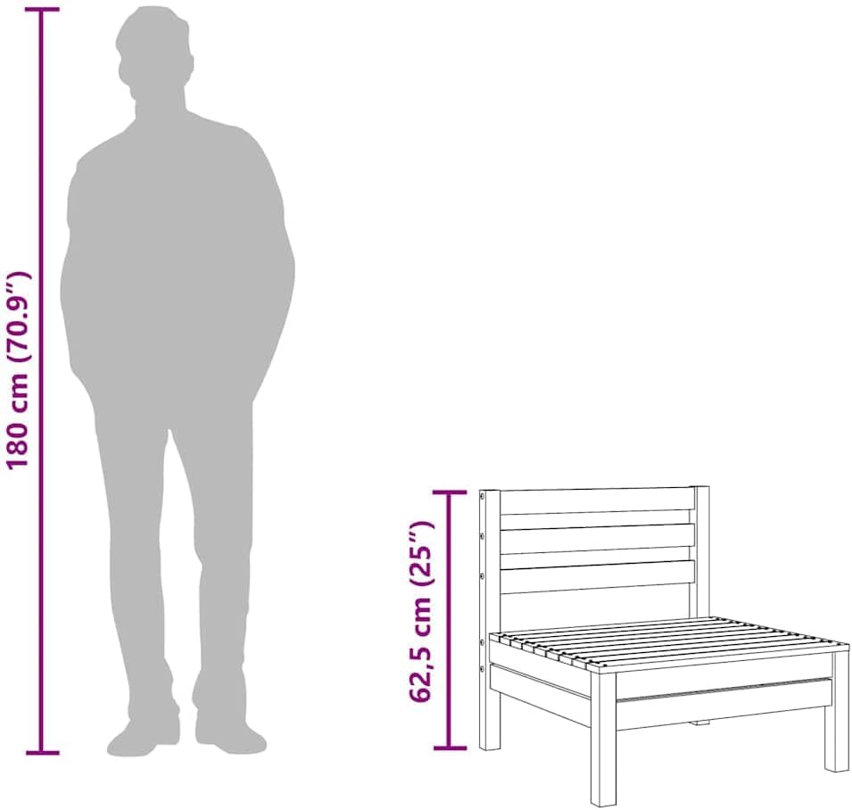 Grey Solid Pine Wood Outdoor Middle Sofa, 25.0 x 25.0 x 24.6 in, Modular Patio Furniture for Balcony, Weather Resistant Seating