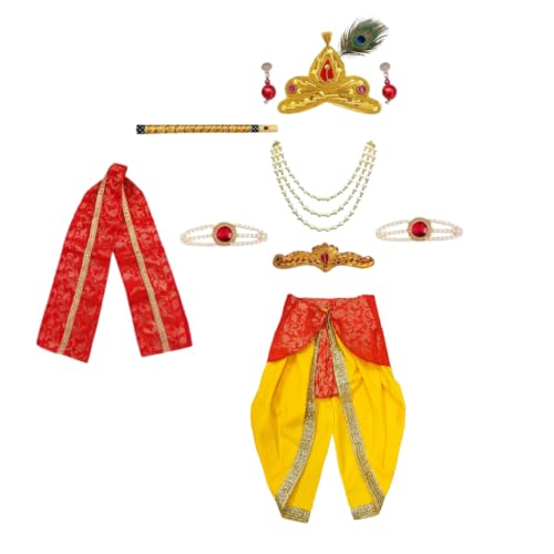Image of ITSMYCOSTUME Krishna Dress for Baby Boy Kids Set of 10(Dhoti,Patka,Hip Cover,Mukut,Morpankh,Bansuri,Kamarband,Bajuband,Kundal) Little Krishna Ji Kanha Janmasthmi Costume for Kids