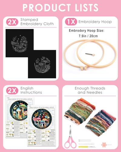 Image of TINDTOP 2 Pack Embroidery Kit for Adult, Embroidery DIY Starter Kit | with Mushroom Stamped Patterns, Hoop, Tools, Colorful Threads with Needles, Instructions