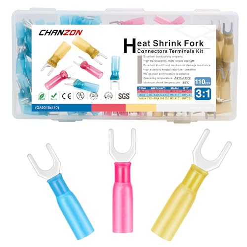 Chanzon 110pcs #10 M5 Heat Shrink Fork Spade U-Type Connector Kit 22-10AWG