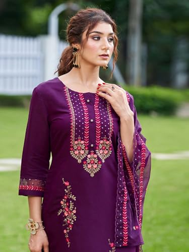 Image of INDO ERA Women Silk Blend Kurta Trouser With Dupatta Set