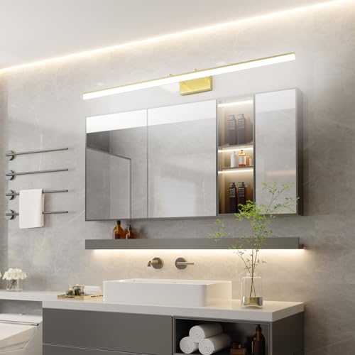 Image of Aipsun 48inch Bathroom Vanity Light Brushed Gold Modern LED Vanity Lighting Over Mirror Adjustable Gold Wall Light for Bathroom (Cool White 5500K)
