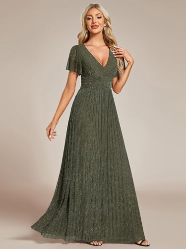 Image of Ever-Pretty Women's V-Neck Glitter Formal Dresses Pleated Short Sleeves Floor Length A-Line Mother of Bride Dress 11961