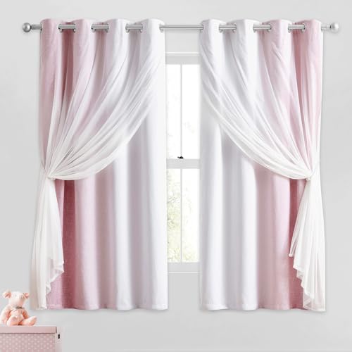 Geomoroccan 100% Blackout Curtains with Sheer Overlay Mix and Match Double Layer Drapes 63 Inch Length 2 Panels for Bedroom Living Room Pink White Ombre Grommet Window Treatment with Tiebacks