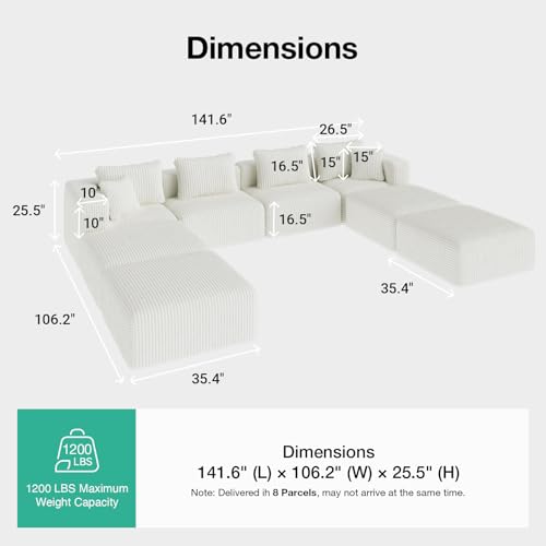 Image of Novilla 141 inch Modular Sectional Sofa, U Shape Oversized Sectional Couch, Modern Cloud Design with Smarts Coil Support, Boneless Couch for Large Living Room Apartment, No Assembly Required, Beige