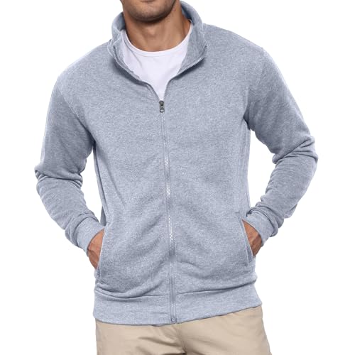 BRAPRO Men's Full Zip Sweatshirt No Hood Hoodies Casual Cardigan Lightweight Cotton Fleece Loose Sports Activewear Lightgrey L