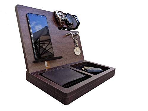 Gift for men, Wooden Desk and Nightstand Organizer, Phone Docking Station, Key, Wallet Stand, Watch Organizer, Men Gift, Husband Wife Anniversary Gift, Dad Birthday, Graduation