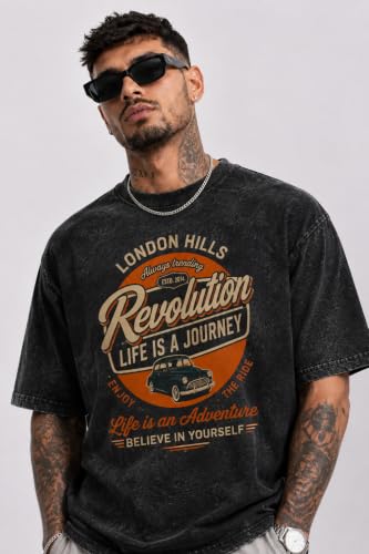 Image of London Hills Men's Oversized t Shirt for Men Graphic T-Shirt | Acid Wash Printed Men T-Shirts | Tshirt for man Round Neck Half Sleeve Pure Cotton Casual Mens tees | Off Shoulder Tshirt Shirts man