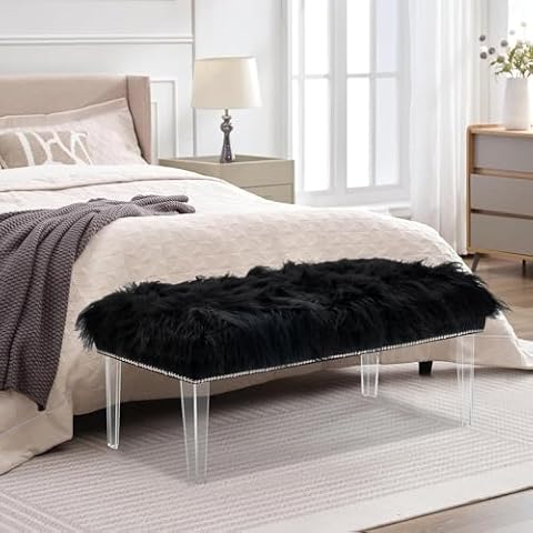 Rongbuk Modern Black Faux Fur Ottoman Bench - Upholstered Furry Bench with Acrylic Legs for Bedroom, Living Room, Entryway, Vanity or Bed End Cover