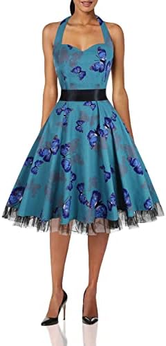 oten Women's Vintage Polka Dot Halter Dress 1950s Floral Sping Retro Rockabilly Cocktail Swing Tea Dresses