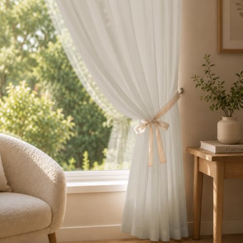 Image of LINENWALAS Aesthetic Sheer Curtains 5 Feet Long Set of 2, Poly Linen Shrink & Fade Proof Drapes for Window, Semi Transparent Modern Panels with Rod Pocket Hanging for Living Room (Mocha /5 Feet)