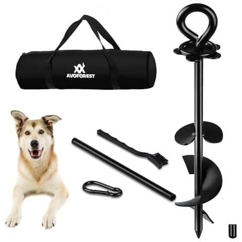AVOFOREST Dog Tie Out Stake, Dog Anchor for Large Dogs up to 210 lbs, Heavy Duty Dog Stakes for Outside Camping, Yard, Beach, Portable Rust-Proof Dog Ground Stake with 360° Swivel, Easy Installation Cover