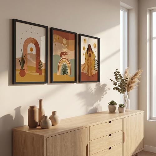 Image of NoWorries Boho Abstract Wall Art Framed Painting Set of 3 | Sun Moon Rainbow Woman Illustration Printswith Frame | Modern Aesthetic Bohemian Wall Decor Frames for Living Room, Bedroom and Office | Neutral Earth Tone Framed Artwork Ready to Hang (Art-4, 13x19inch, Wooden)