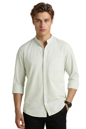 Image of Peter England Men's Casual Mandarin Collar Slim fit Full Sleeve Shirt in 100% Cotton Seersucker with Striped Design