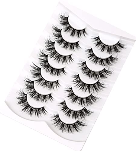 Pooplunch False Eyelashes Wispy Mink Lashes Cat Eye Natural Crossed Cluster Look 8D Volume Fake Eyelash Strips Faux Mink Lashes 7 Pairs Pack