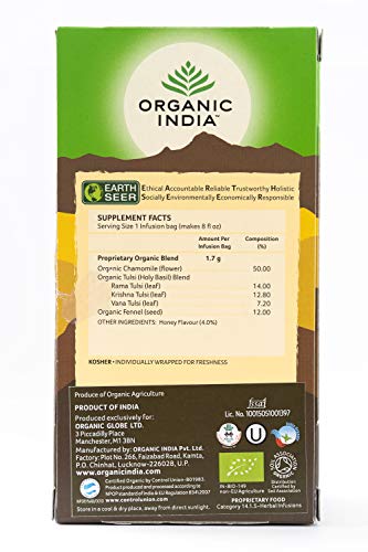 Image of A TATA Product - Organic India Tulsi Honey Chamomile Infusion - 25 Tea Bags, Certified Organic, Stress Relief, Calming, Promotes Sleep, Caffeine-Free (Pack of 3)