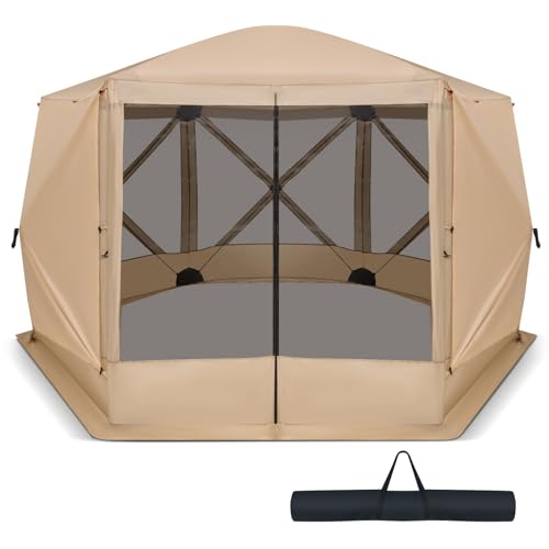 COSTWAY 2.3 x 2.3m/3.5 x 3m Pop up Camping Gazebo, 4/6-Sided Instant Setup House Tent with Carrying Bag, UV 50+ Resistant Portable Outdoor Sun Shelter Screened Canopy (346 x 305 x 225cm, Khaki)
