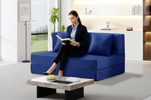 Image of Los Angeles Foldable Two Seater Sofa Cum Bed, Sofa Bed 4 X 6 Feet, Jute Fabric- Washable Cover- Including Two Cushion Perfect for Home & Office, Guest Room -Blue Color
