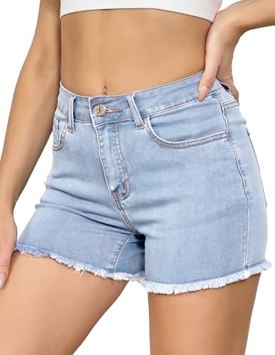 Image of VIPONES Women Mid Rise Jeans Shorts Frayed Raw Hem Summer Stretchy Casual Denim Shorts