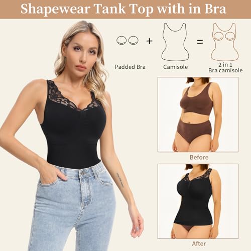 Vivashape Women's Cami with Built in Bra Padded Tummy Control Shapewear Compression Tank Tops Body Shaper V Neck with Lace - Black Small - image 3