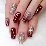 MISUD Press on Nails - Long Coffin Fake Nails with Wine Red, Acrylic Bling Gold Glitter Burgundy Design 24 pcs
