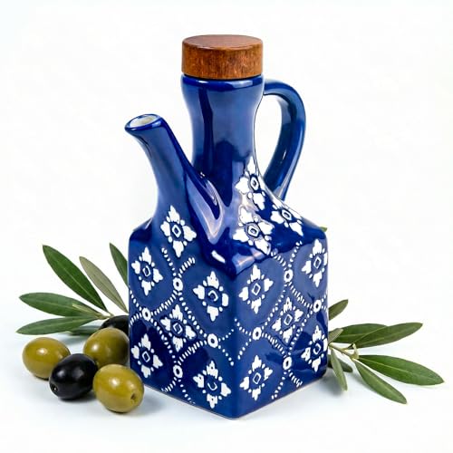 Gnlnkn Blue Ceramic Olive Oil Dispenser Bottle for Kitchen, 8.5 oz Cruet for Avocado Oil with Handle & Wooden Stopper, Small Decorative Oil and Vinegar Dispenser Set, Oil Container Cruet for Olive