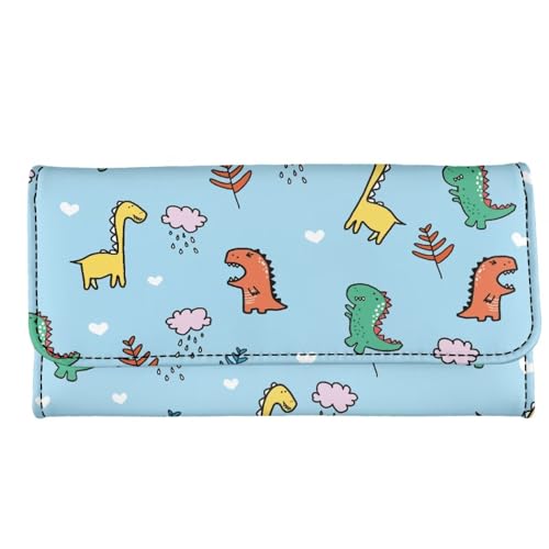 Image of AFPANQZ Cute Cartoon Dinosaur Clutch Wallet for Teen Girls Leather Trifold Multi Card Holder Slots Wallet, Elegant Leather Clutch Long Purse Portable Travel Purses with Phone Card Holder