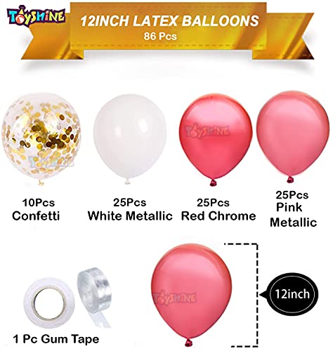 Image of Toyshine 86 Pcs Balloon Party Decoration Combo | 25 White, 25 Pink, 25 Red Metallic, 10 Confetti Balloons, 1 Tape for Birthday, Anniversary Theme Party