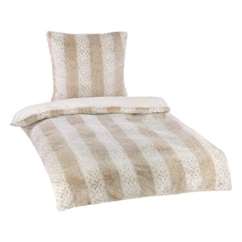BaSaTex Winter Plüsch Flausch Bettwäsche Bett Garnitur 2-teiliges Set|135x200 cm + 80x80 cm | Schnee Leopard | Chinchilla Fellimitat | Weiß Beige Grau