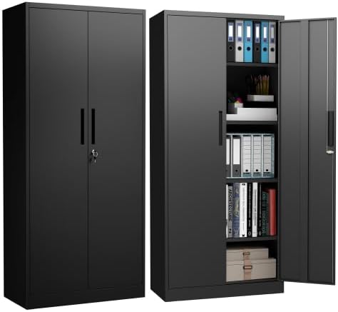 72" H Metal Garage Storage Cabinet, Black Tool Steel Locking Cabinet with Doors and 4 Shelves, Tall Cabinets for Garage Storage Systems Lockable File Cabinet for Home Office, Classroom/Pantry