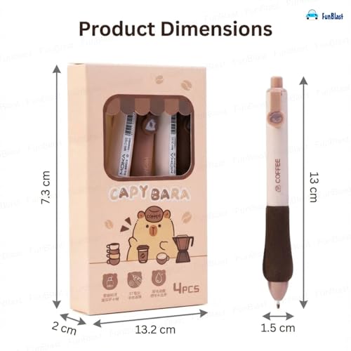 Image of FunBlast Capybara Kawaii Gel Pen Set - (Pack of 4) Cute Coffee Theme Pens with Soft Sponge Grip, 0.5mm Smooth Writing Pens for School, Office, Gifts & Stationery Lovers (Blue Ink)