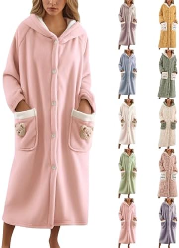 Fluffy Buttoned Robe Womens Robes Plush Cozy Fleece Hooded Bathrobe Winter Warm Thicken ...