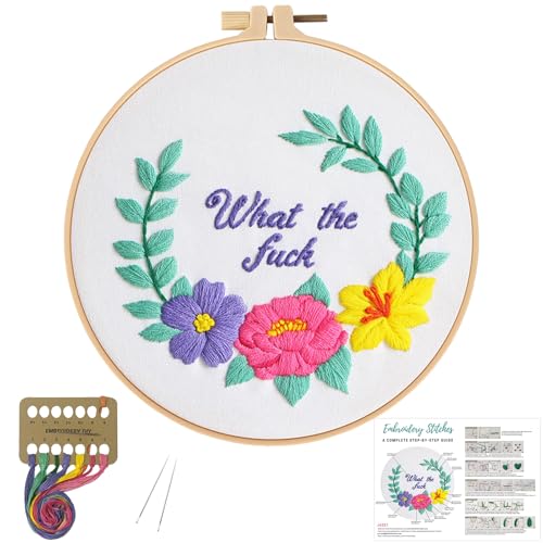 Image of Louise Maelys Funny Embroidery Kits for Beginners,Cross Stitch Kit for Adults Starters,DIY Needlepoint with Floral Flower Wreath Pattern
