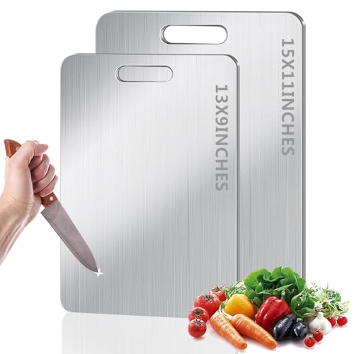 BLOCE Tabla de cortar de titanio para cocina, tabla de cortar antiadherente de acero inoxidable, tabla de titanio de doble cara de grado alimenticio para cocina para carne, queso, verduras, frutas (2,