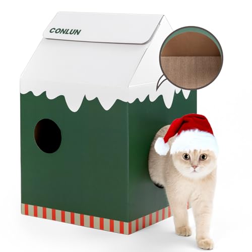 Conlun Rascador para Gatos Casa de Rascadores Gato Carton & Catnip, Fácil de Montar Juguetes Gatos para Rascar & Descansar, Cama Gato Cueva Casas Interior, Ideal para Decoración Navideña